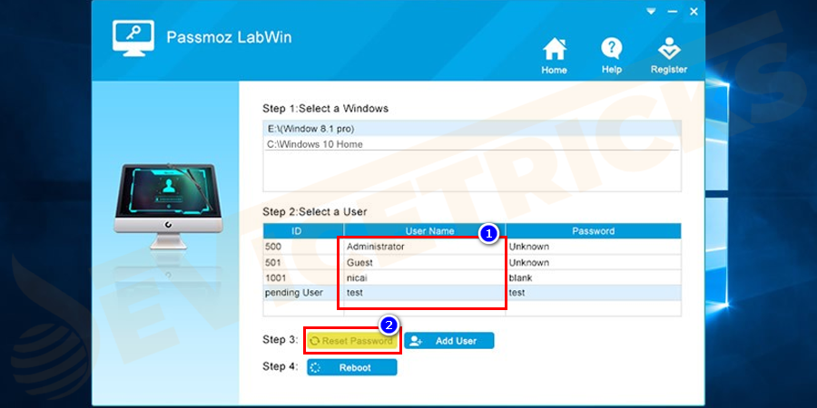 Restart the computer and the PassMoz LabWin program will be loaded on-screen. Select a user account and click “Reset Password” to remove the password from a locked user account. Eject the disk and the computer should go to desktop automatically.