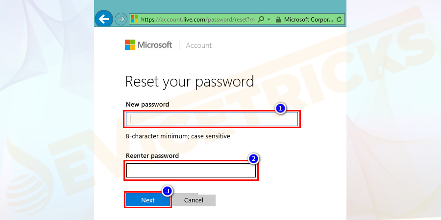 If the verification goes successful then a new window will open. Here you can select a new account password for your Microsoft account and click on the Next button.