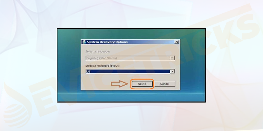 Select the language comfortable to you. It shows US English as a default language. Click on the Next button, after completion of appropriate language selection on the pop–up window.