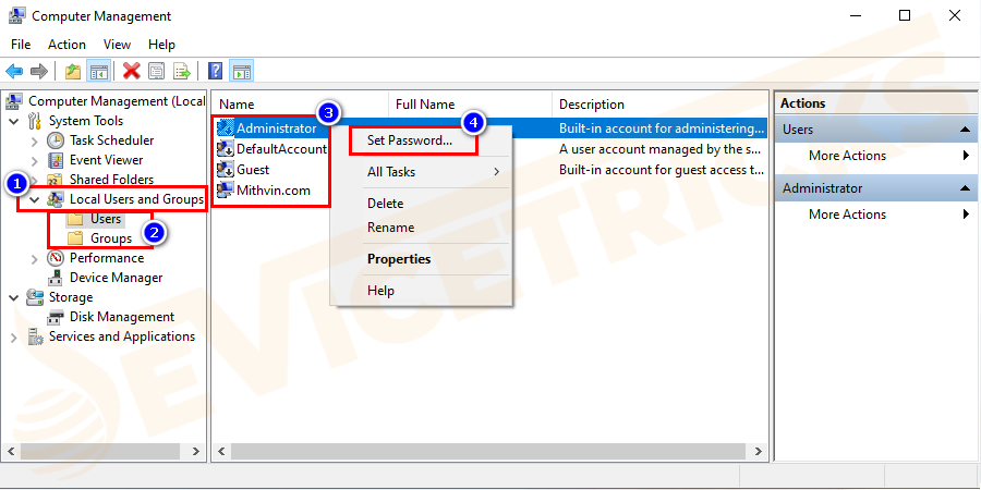 Select “Local users and groups,” under them tap on users. There you will get all the usernames, scroll down to the affected account, and right-click on the account. Select the set password option to reset the password and regain access to your locked account.