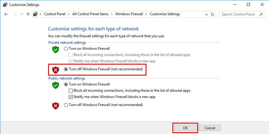 Turn off Windows Firewall and then click on the OK button