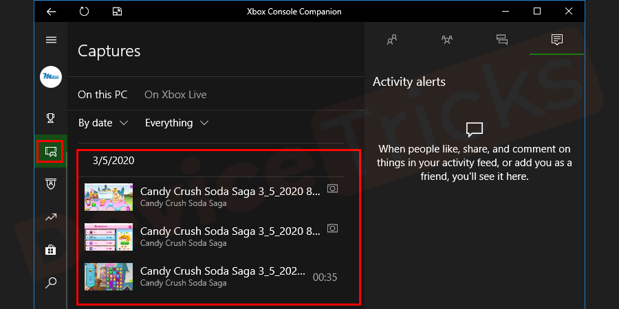 Click on the ‘Video with an Xbox controller’ icon on the left pane to open the captures tab. 