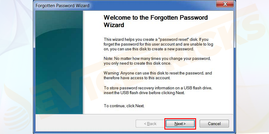 Next click on user accounts available on the top of the Window. A pop–up window opens and clicks on the Next button.