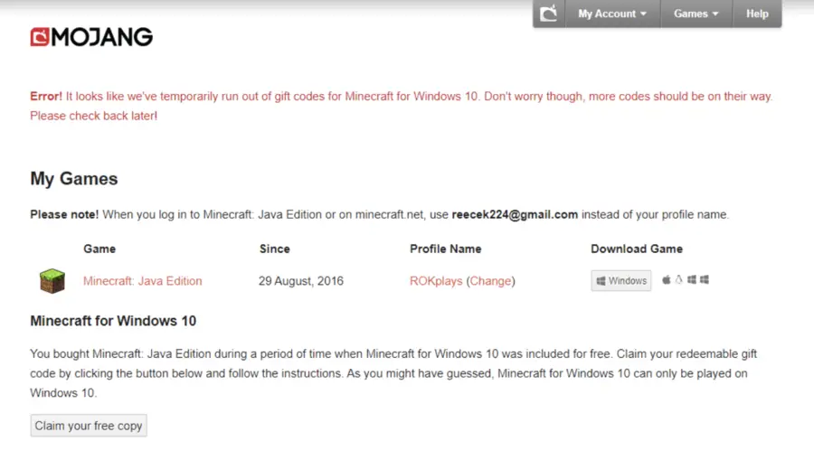 Error! It looks like we've temporarily run out of gift codes for Minecraft for Windows 10