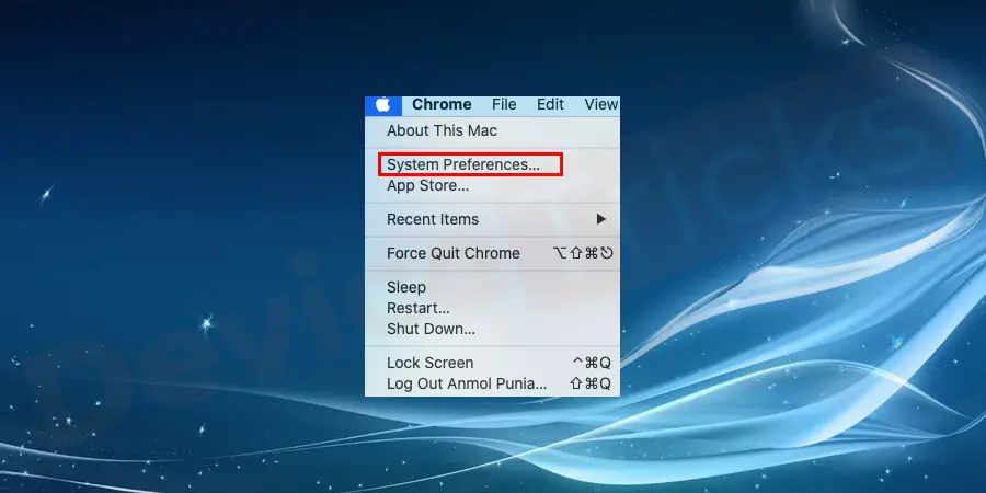 Go to the apple icon present on the top corner and select system preferences.