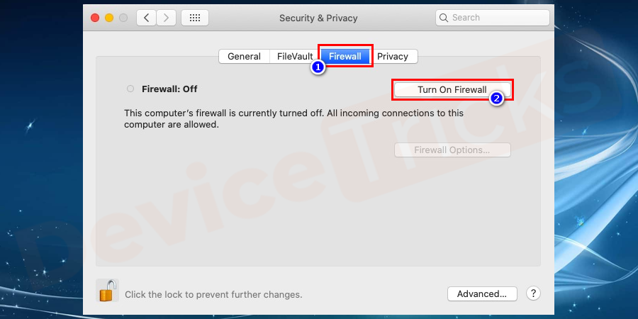 Below the firewall tab option, you can find turn off firewall option. Click on it.