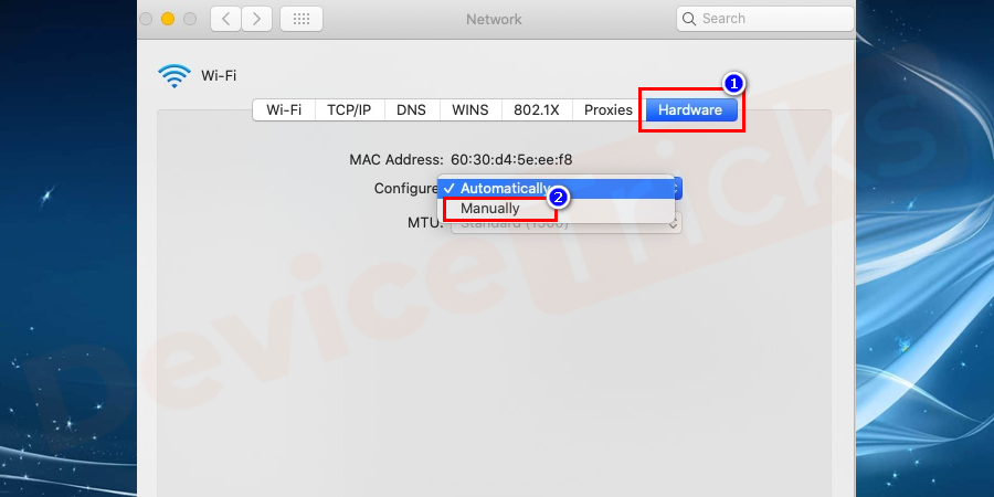 On the right-hand side of the window, you can see the hardware. Select it and from the drop-down menu select manually.