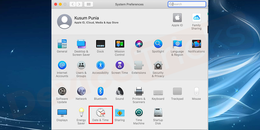 On the pop – up window, choose system preferences  and select the date & time