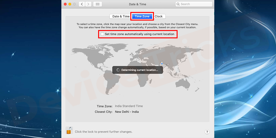 Go to the time zone tab. if it doesn’t determine your location automatically simply uncheck it so manually set it. You can select the time zone region and city on the map