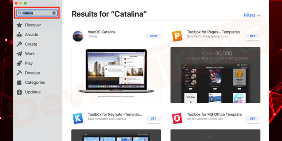 Click on the 'Search' icon, type Catalina and then press on the ‘Enter’ key.