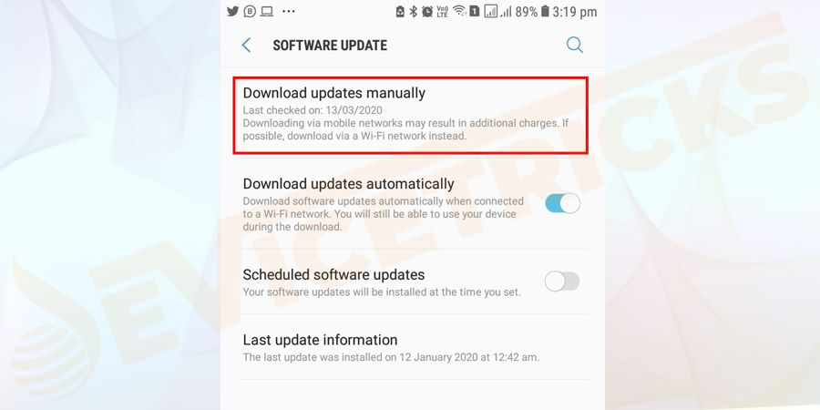 About > Software updates > Check now or Updates Manually.