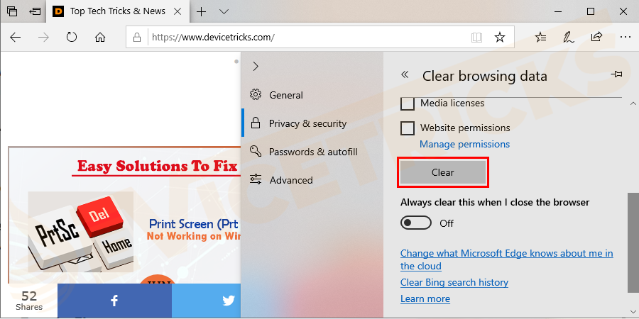 Then click on Clear > restart the browser.