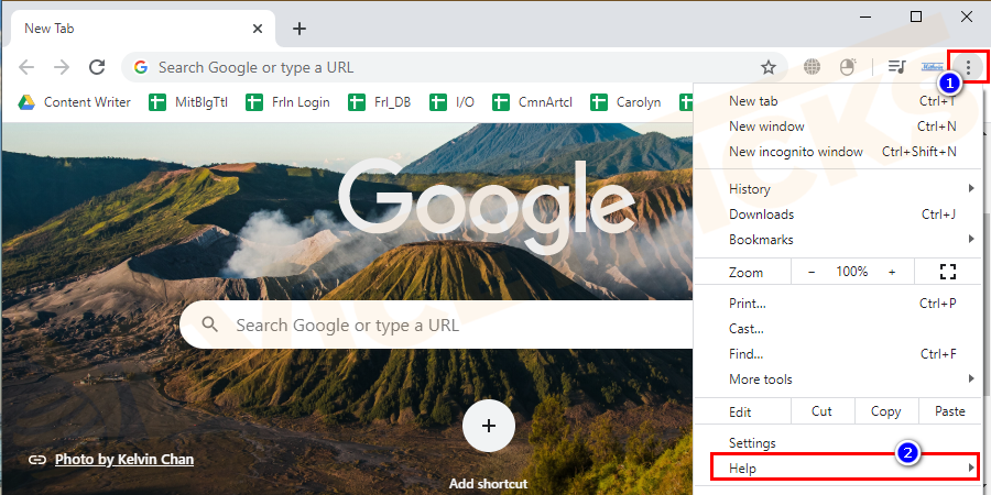 Open Google Chrome > and at the top right corner click on three dots icon. Then from the menu click on the Help button.