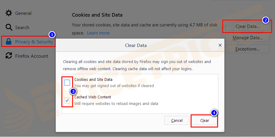Then in the Privacy & Security section > the under Cookies and site data > click on the Clear Data button.