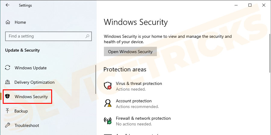 Then click on Windows Defender or Windows Security from the options.