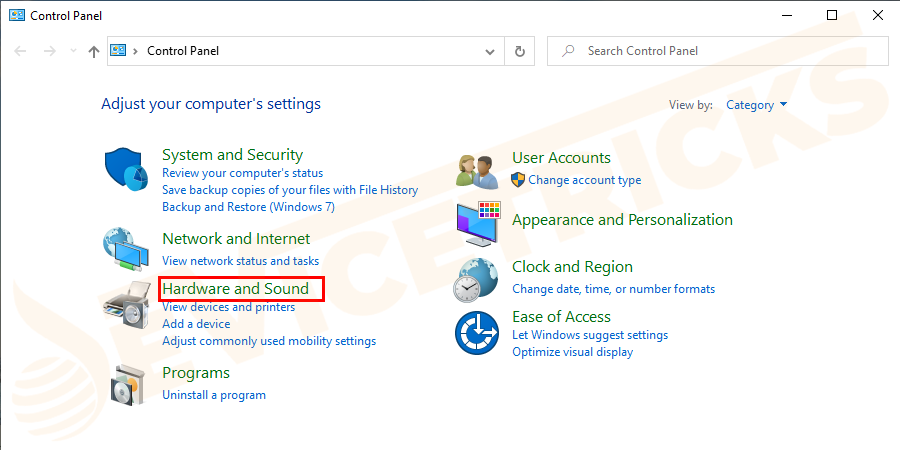 And in the Control Panel window,> move to Hardware and Sound settings and click on it.