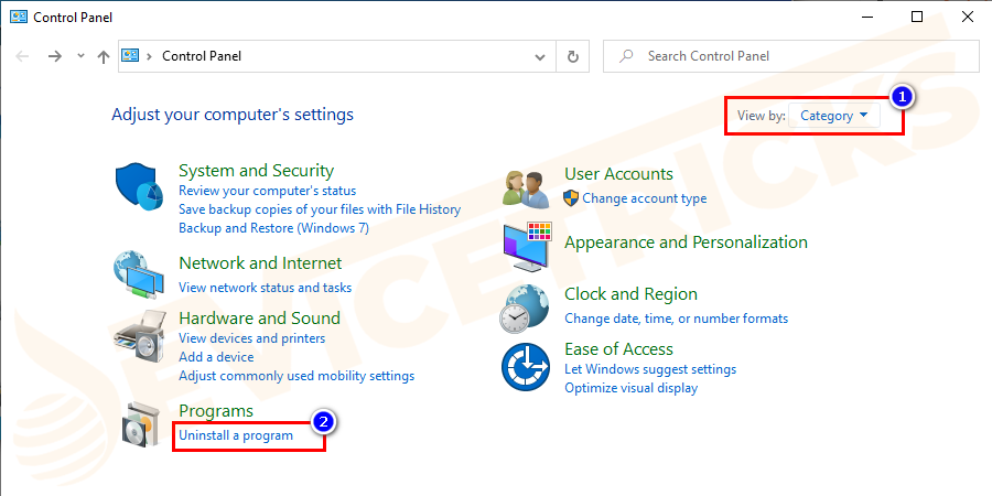 Then on the upper right corner > set View by Category > click on Programs section > then Uninstall a Program