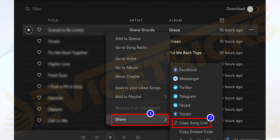 Here you need to open Spotify > choose the album you want to play > click the three-dot icon next to the song > choose Copy song link.