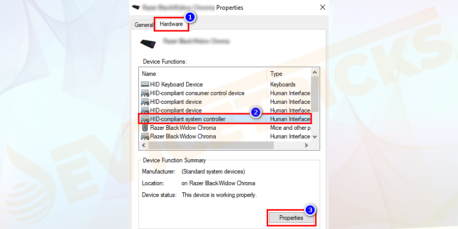 Click on the Hardware tab > and in the Device Functions list > click on HID-compliant game controller. And in the appeared window click on the Properties.