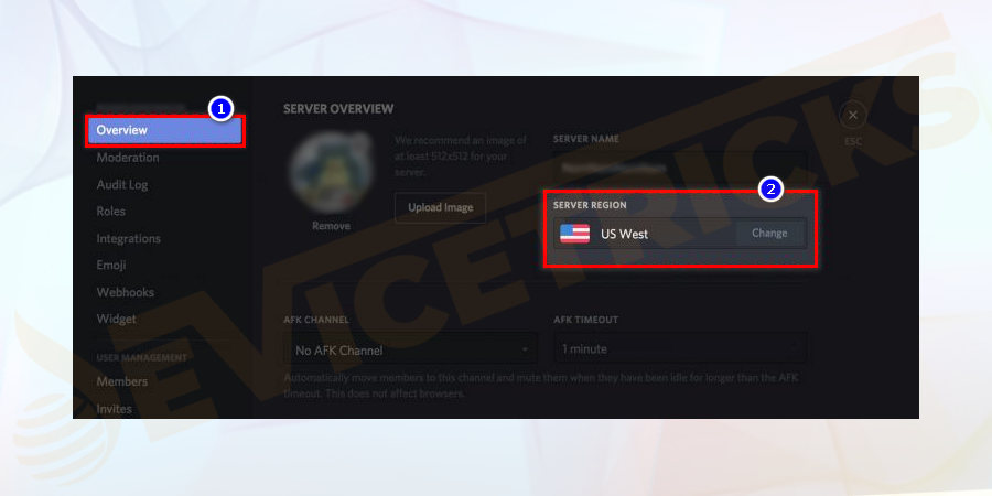 Under the Server Settings window, click on the Overview to see the server name and its region.