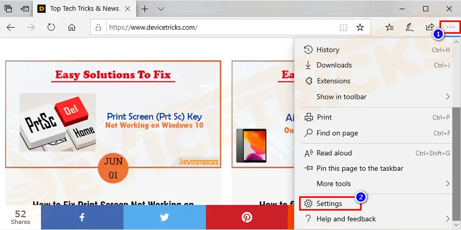 First, open the Edge browser >and on the top right corner click on the menu button and choose Settings.