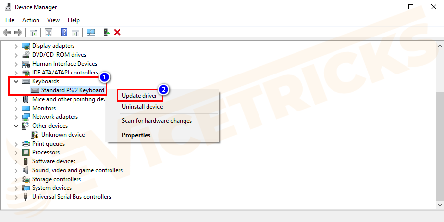 Now expand Keyboards directory and right-click on Standard PS/2 Keyboard > choose Update driver.