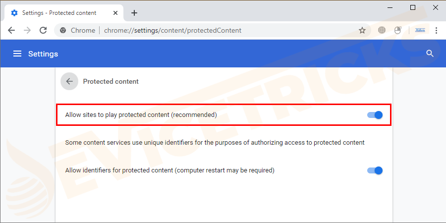 And enable "Allow site to play protected content (recommended)".