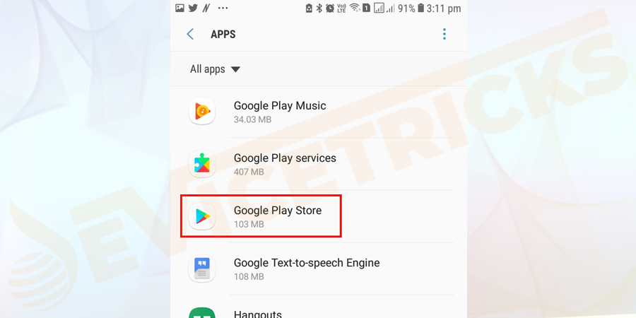 Head to the Settings > then click Apps > Google Play Store.