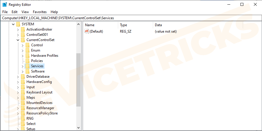 And in the Registry Editor window expand HKEY_LOCAL_MACHINE > then expand System > then CurrentControlSet > Services.