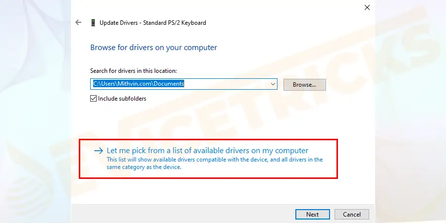 And click on 'Let me pick from a list of available drivers on my computer'.
