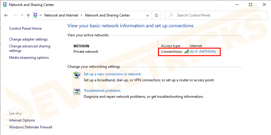 You will see a list of the active networks, locate the one that has Internet and click on the hyperlink.