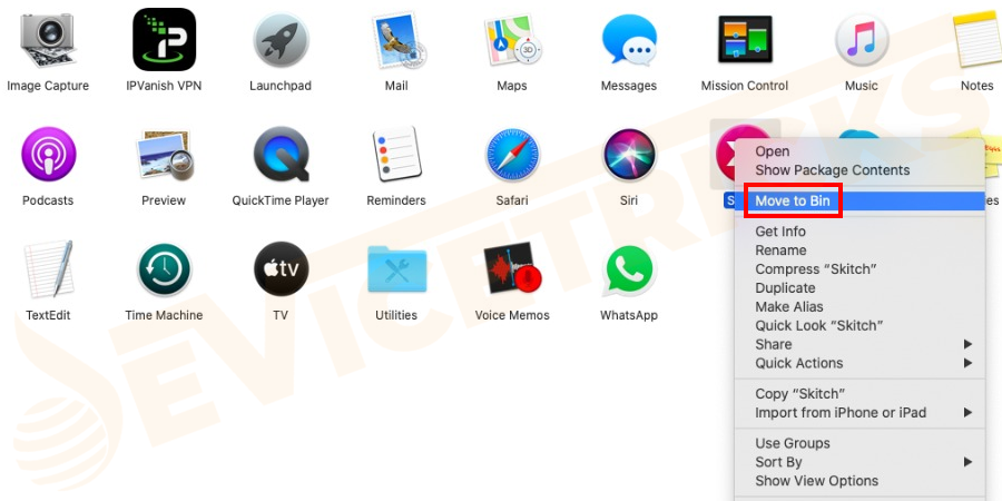 Then right-click on it and choose “Move to Bin”, you can also drag the app icon to the Trash.