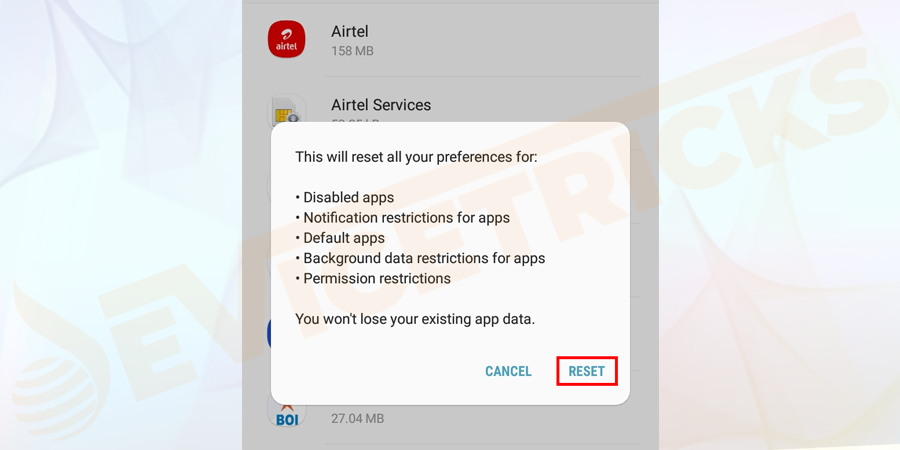 Once you select that option > you will see a popup menu showing the process going on. Just press the Reset button to begin the changes.