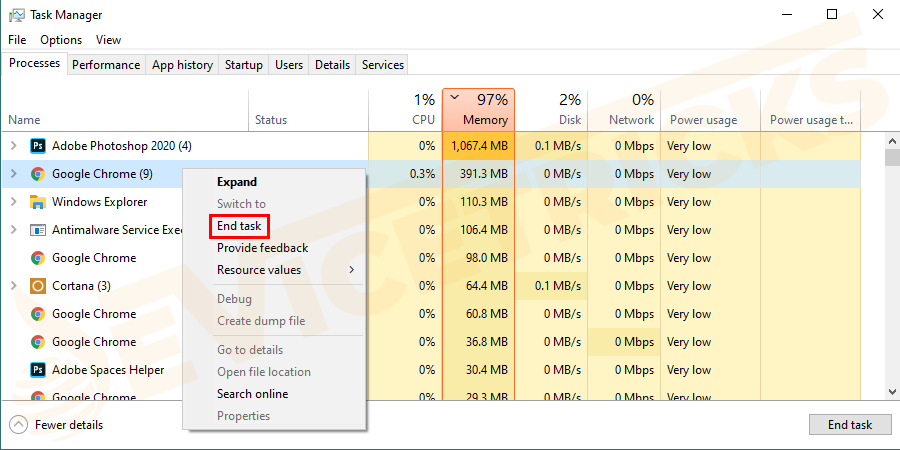 Then, right-click on the Programs > and choose End Task to close them. Now the programs are closed, try to use screenshot hotkey in Windows 10.