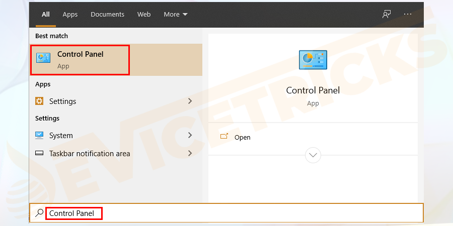 Click on the Start menu > click on Search > open Control Panel.
