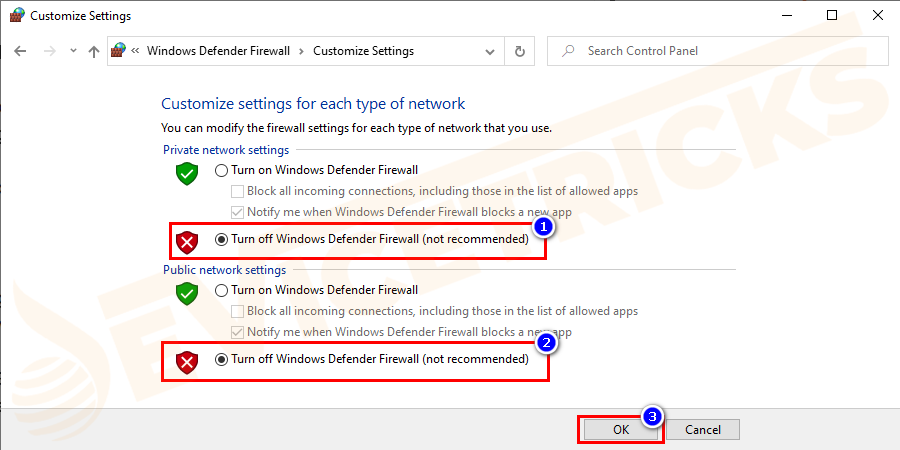 Next press the off button of the firewall for the required network.