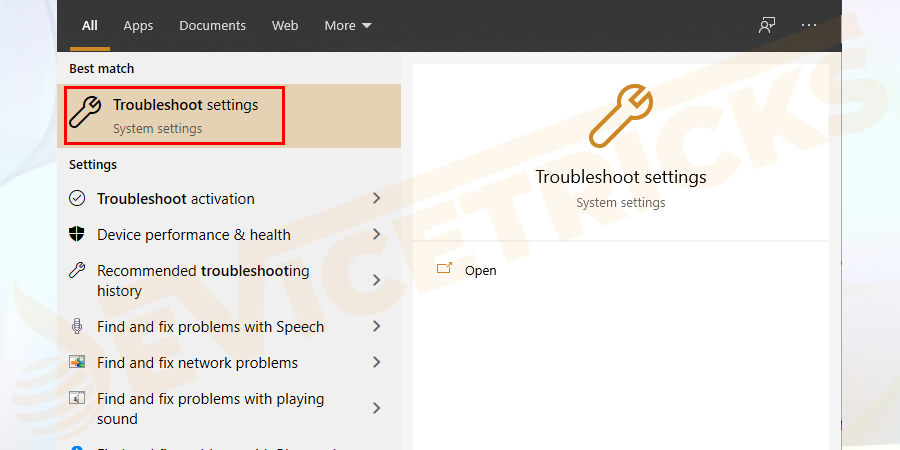 Press Windows key > and in search box type Troubleshoot > then in the list appeared to click on Troubleshoot Settings.