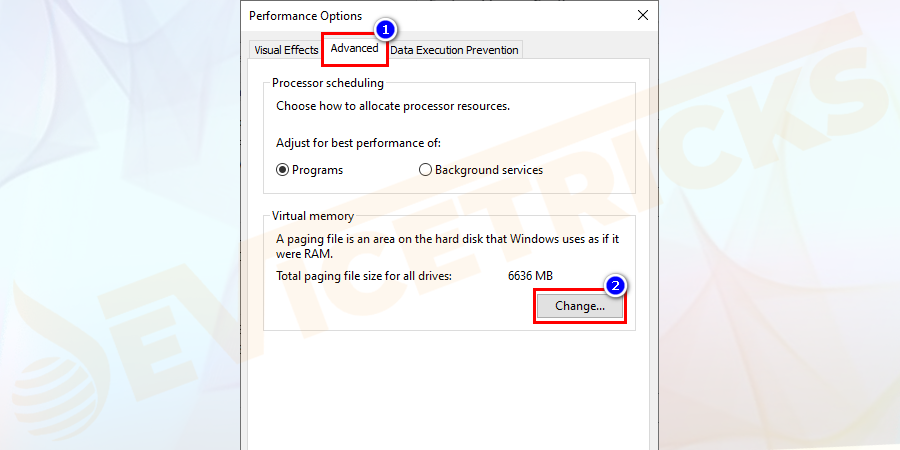 Then in the Performance Options window go to Advanced page > and click Change in the Virtual memory box.