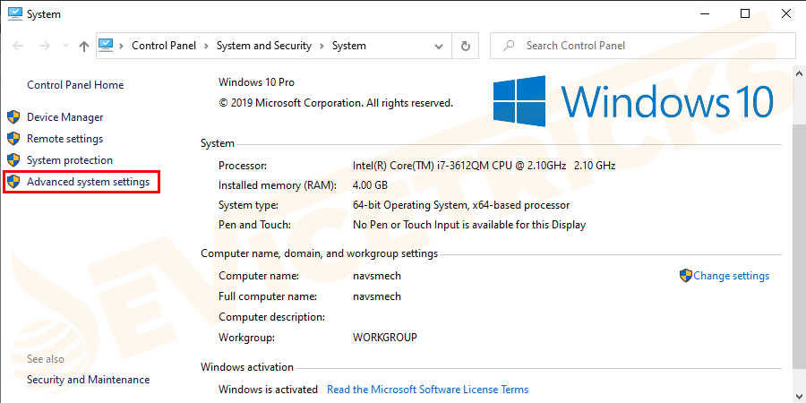 Now in the window appear to choose Advanced system settings.