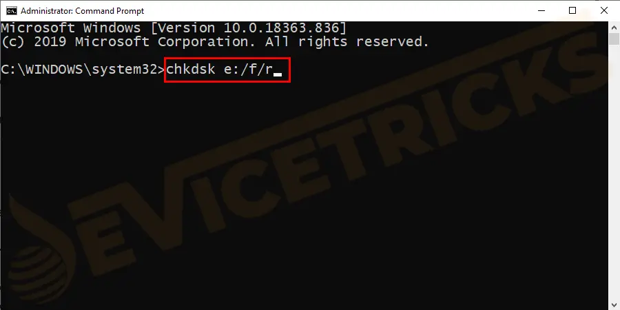 Open the Command Prompt window > enter the given command: chkdsk e:/f/r.