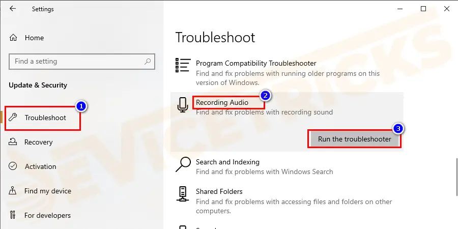 Now choose Recording Audio > click on Run the troubleshooter.