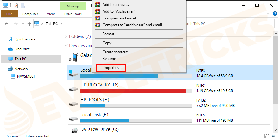 Now select a drive, right-click on it and go with Properties.