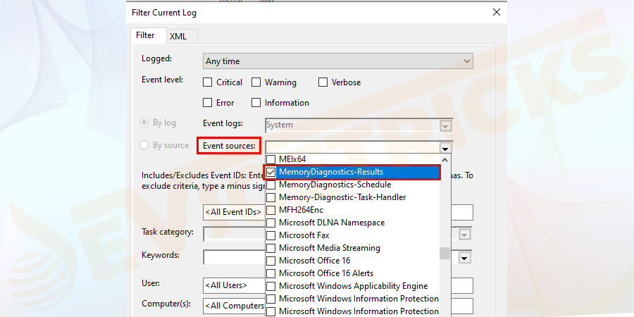 Now in the Event sources drop-down menu choose MemoryDiagnostics-Results to show memory test entire logs.
