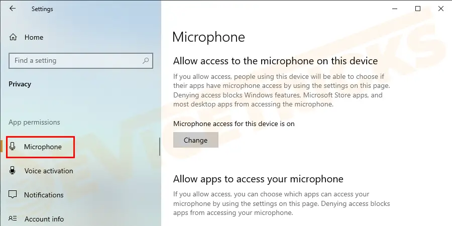 Now navigate on the left panel then > under App Permissions > click on Microphone.