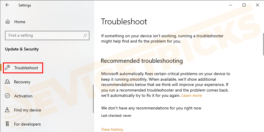 Then click on Troubleshoot.