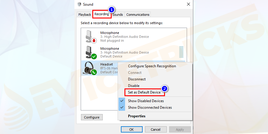 Now plug the headphone or headset in one port > test your microphone with the microphone button in front of the Recording Volume button. And set it as default device > hit OK (you can follow the steps to set it as default from 2nd solution).