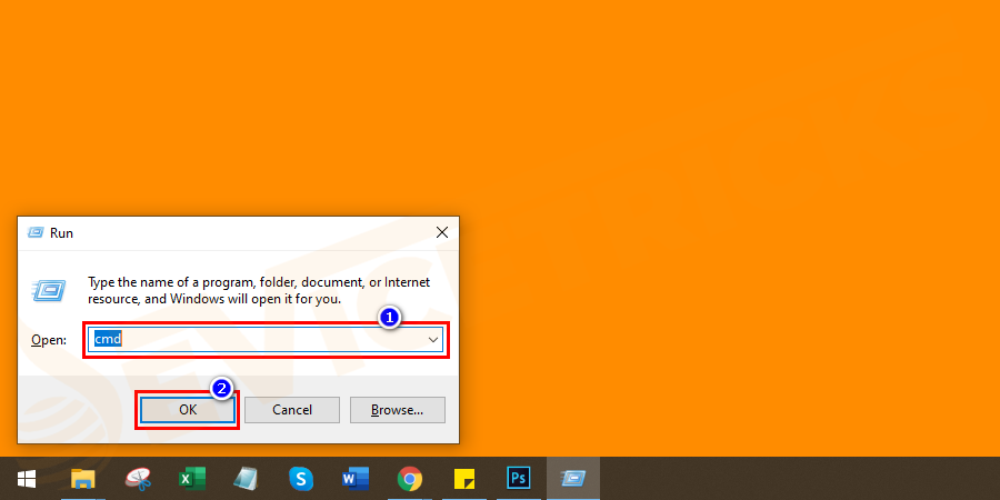 Now press Windows+R keys to open the Run dialog box. Type cmd and press Enter to go to the command prompt.