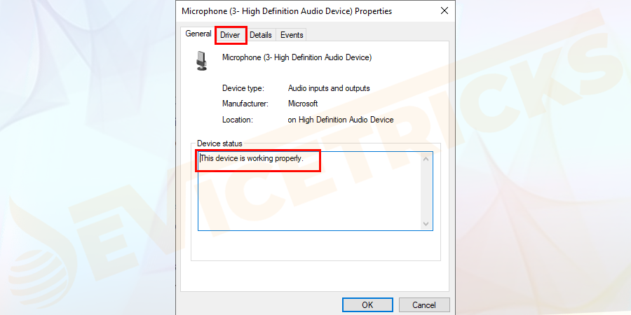 Then in General tab > if it confirms “This device is not working properly”, then go to the Driver tab.