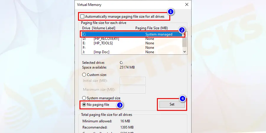 Choose partition C, > tick mark No paging file > click Set to save changes.