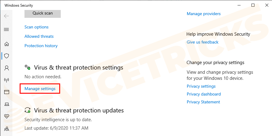 Under Virus & threat protection settings click on Manage settings.